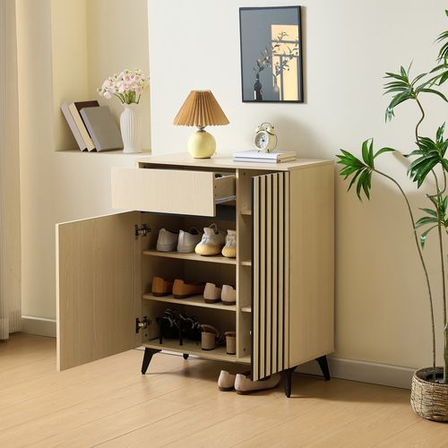 Meuble à Chaussures, Buffet Entrée 75x35x90 Cm Bois Clair Avec 2 Portes Et Tiroir