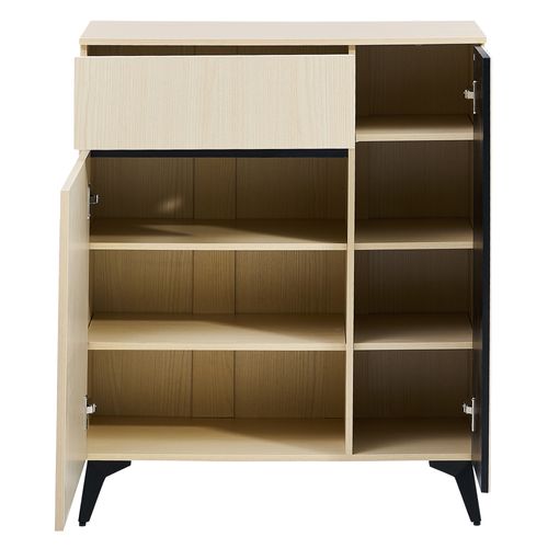 Meuble à Chaussures, Buffet Entrée 75x35x90 Cm Bois Clair Avec 2 Portes Et Tiroir