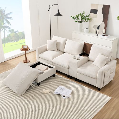 Canapé D'angle 4 Places Velours Côtelé Beige Avec Rangement, Console, 2 Porte-gobelets Et Ports USB