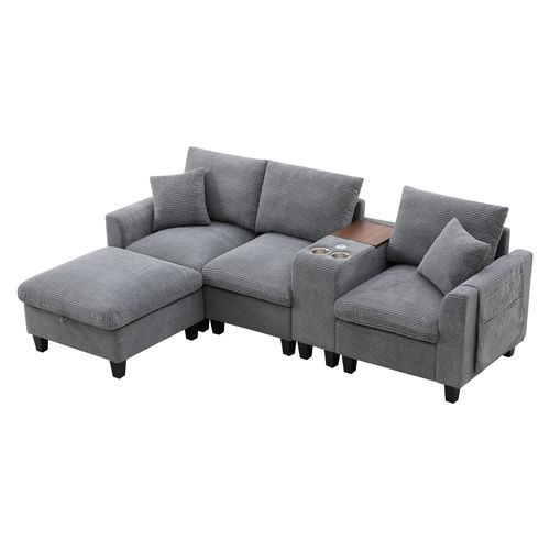 Canapé D'angle 4 Places Velours Côtelé Gris Avec Rangement, Console, 2 Porte-gobelets Et Ports USB