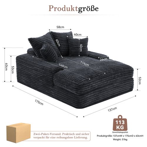 Fauteuil Velours Côtelé Gris 137×175 Cm — Mousse à Mémoire, 4 Coussins, Sans Montage