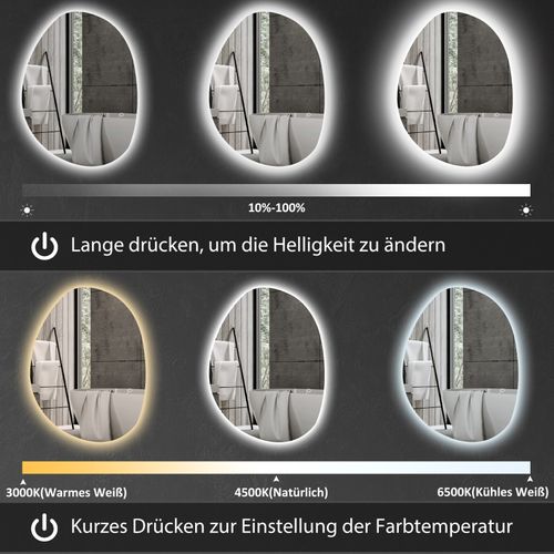 Miroir LED Asymétrique 70 X 50 Cm Salle De Bain, Interrupteur Tactile, Anti-buée, Argent