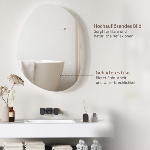 Miroir LED Asymétrique 70 X 50 Cm Salle De Bain, Interrupteur Tactile, Anti-buée, Argent