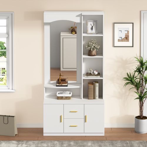Vestiaire D'entrée Blanc H.180 Cm Avec Miroir, 2 Portes Et 2 Tiroirs, Étagères De Rangement
