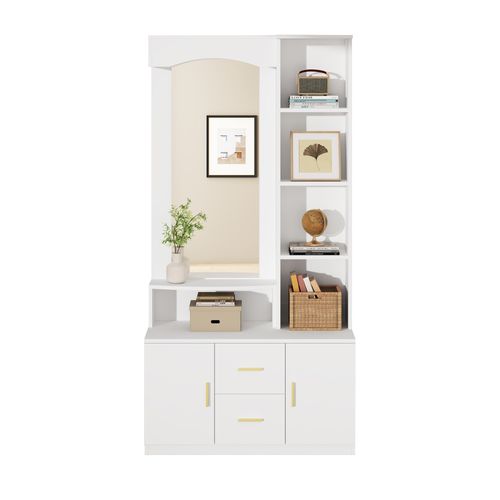 Vestiaire D'entrée Blanc H.180 Cm Avec Miroir, 2 Portes Et 2 Tiroirs, Étagères De Rangement