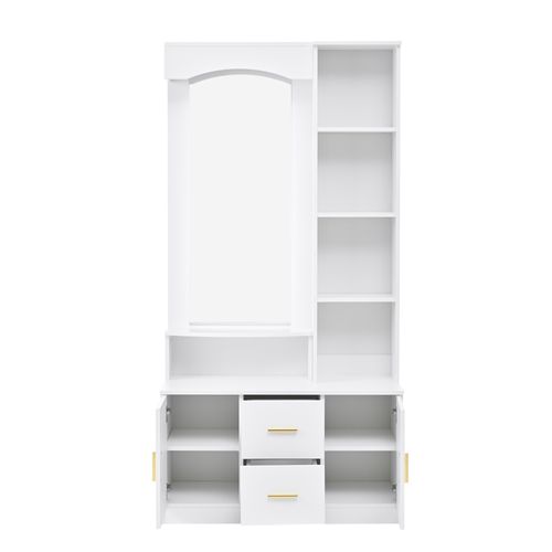 Vestiaire D'entrée Blanc H.180 Cm Avec Miroir, 2 Portes Et 2 Tiroirs, Étagères De Rangement