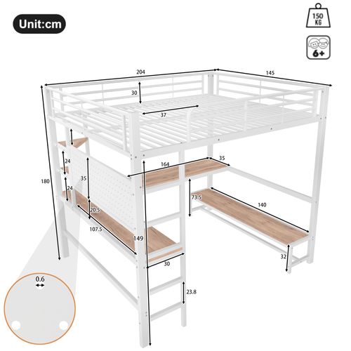 Lit Mezzanine Adulte 140x200 Cm Avec Bureau Intégré, LED, Port USB-c, Métal Blanc, Avec Rangements