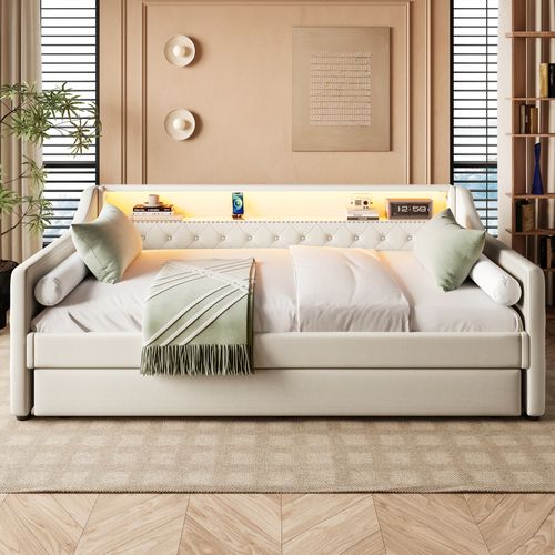 Lit Enfant Gigogne 90x200 + 90x190 Cm Avec Sommier à Lattes, LED Et Ports USB, Lin Beige