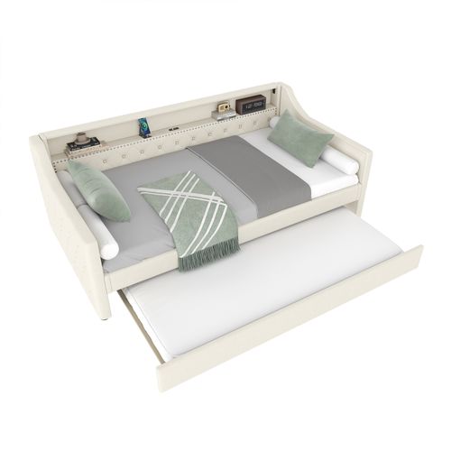 Lit Enfant Gigogne 90x200 + 90x190 Cm Avec Sommier à Lattes, LED Et Ports USB, Lin Beige