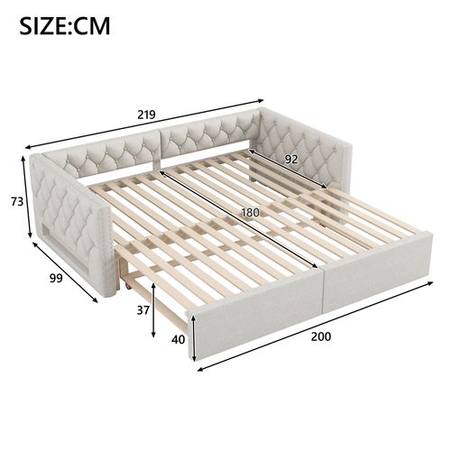 Lit Enfant Extensible 90/180x200 Cm Avec LED Et Sommier à Lattes, Lin Beige