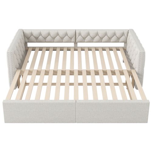 Lit Enfant Extensible 90/180x200 Cm Avec LED Et Sommier à Lattes, Lin Beige