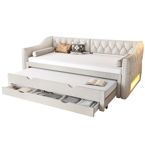 Lit Enfant 90x200 Cm + Lit Gigogne 90x190 Cm, 3 Tiroirs, Éclairage LED, Lin Beige