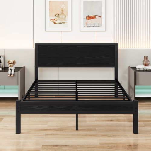 Lit Adulte 140x200 Cm Avec Rangements, Bois Et Métal Noir, Sommier à Lattes