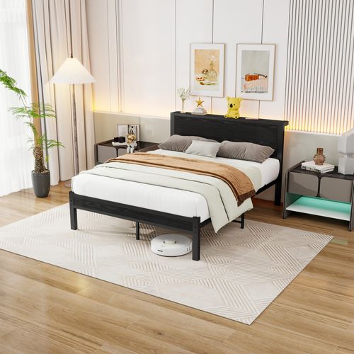 Lit Adulte 140x200 Cm Avec Rangements, Bois Et Métal Noir, Sommier à Lattes