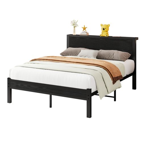 Lit Adulte 140x200 Cm Avec Rangements, Bois Et Métal Noir, Sommier à Lattes