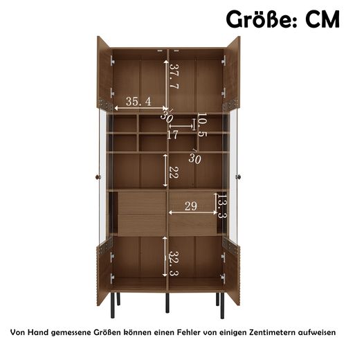Vitrine 164.5 Cm Aspect Bois Foncé Avec 2 Portes Vitrées, 4 Tiroirs Cachés