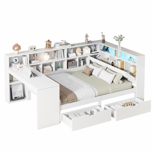 Lit 140x200 2 Places Avec Bureau Intégré, LED, Ports USB, 2 Tiroirs Et Rangements, Bois Blanc