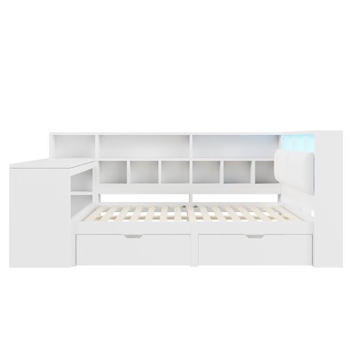 Lit 140x200 2 Places Avec Bureau Intégré, LED, Ports USB, 2 Tiroirs Et Rangements, Bois Blanc