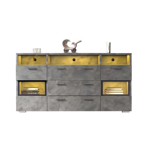 Buffet 140 Cm Gris Avec LED Et Portes Acryliques Transparentes, 2 Portes, 3 Tiroirs, 3 Niches