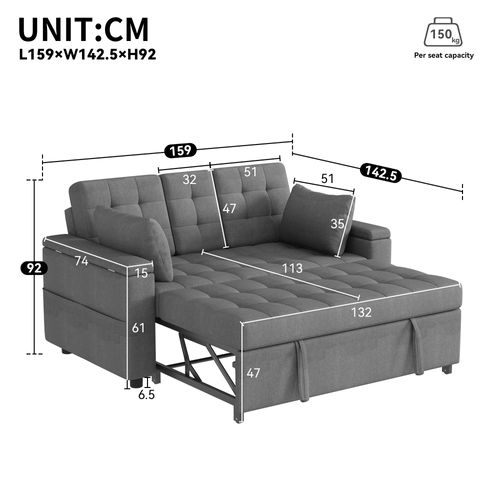 Canapé Convertible 2 Places, Accoudoirs Avec Rangements, Table Et Porte-gobelet, Coton Lin Gris