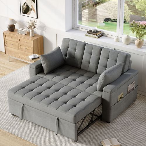 Canapé Convertible 2 Places, Accoudoirs Avec Rangements, Table Et Porte-gobelet, Coton Lin Gris