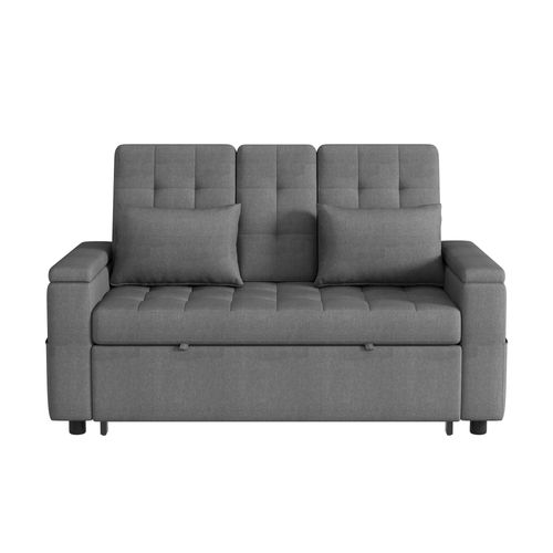 Canapé Convertible 2 Places, Accoudoirs Avec Rangements, Table Et Porte-gobelet, Coton Lin Gris