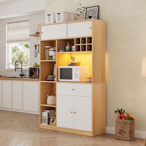 Buffet De Cuisine Haut 115x35x180 Cm Blanc Et Naturel Avec LED, 1 Tiroir Et 3 Portes