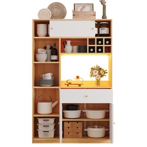 Buffet De Cuisine Haut 115x35x180 Cm Blanc Et Naturel Avec LED, 1 Tiroir Et 3 Portes