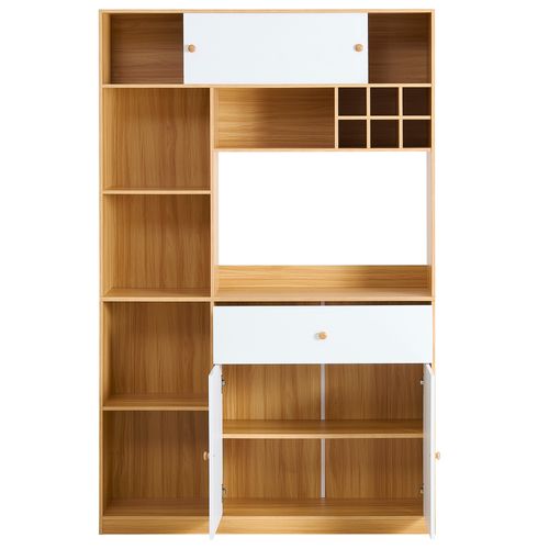 Buffet De Cuisine Haut 115x35x180 Cm Blanc Et Naturel Avec LED, 1 Tiroir Et 3 Portes