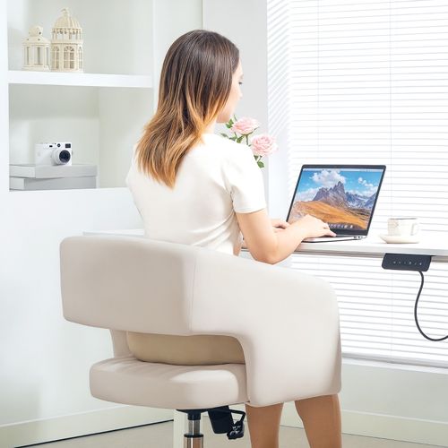 Fauteuil De Bureau Relax Velours Crème Pivotant, Hauteur Réglable 45–53 Cm, Avec Roulettes