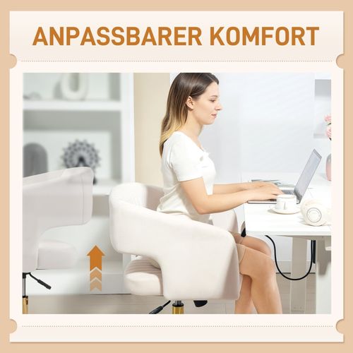 Fauteuil De Bureau Relax Velours Crème Pivotant, Hauteur Réglable 45–53 Cm, Avec Roulettes