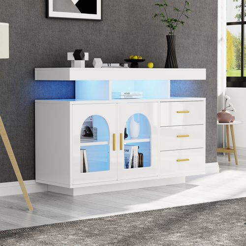 Buffet 120 X 40 X 80 Cm Blanc Brillant Avec 3 Tiroirs, 2 Portes Et LED Rgb