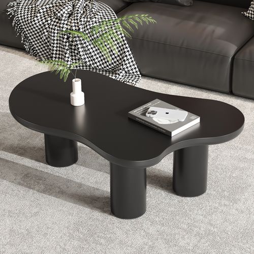 Table Basse Forme Nuage 107x66 Cm, Plateau Laqué Noir, 3 Pieds, Patins En Feutre