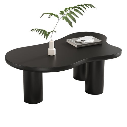 Table Basse Forme Nuage 107x66 Cm, Plateau Laqué Noir, 3 Pieds, Patins En Feutre