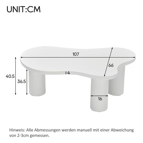 Table Basse En Forme De Nuage 107x66 Cm, Plateau Laqué Blanc, 3 Pieds Cylindriques