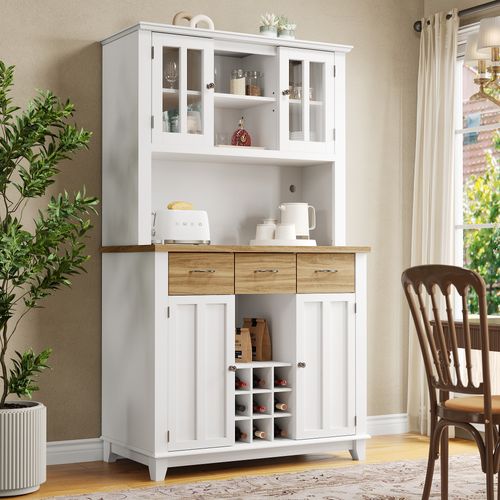Buffet De Cuisine Haut 106 X 40 X 179,5 Cm Avec 3 Tiroirs, 4 Portes Et Casier à Vin, LED, Blanc