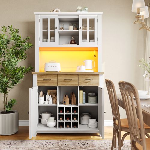 Buffet De Cuisine Haut 106 X 40 X 179,5 Cm Avec 3 Tiroirs, 4 Portes Et Casier à Vin, LED, Blanc