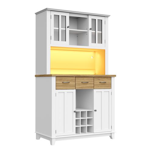 Buffet De Cuisine Haut 106 X 40 X 179,5 Cm Avec 3 Tiroirs, 4 Portes Et Casier à Vin, LED, Blanc