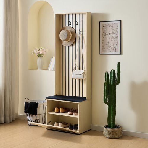 Vestiaire, Meuble D'entrée Avec Banc Et Rangement à Chaussures, Bois Clair Et Noirs
