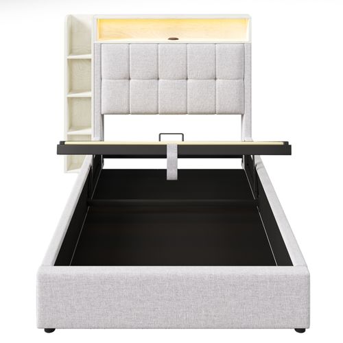 Lit Enfant Coffre 90x200 Cm LED Avec Rangements, Ports USB/type-c, Tissu Lin Beige