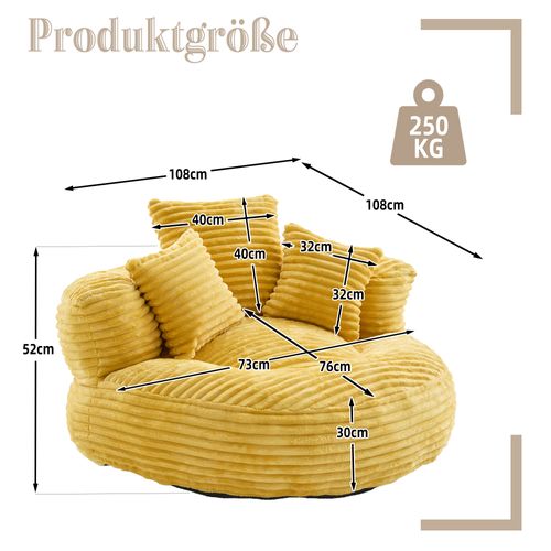 Fauteuil Pouf Poire Velours Côtelé Jaune Moutarde 108 X 108 X 52 Cm Pour Adultes