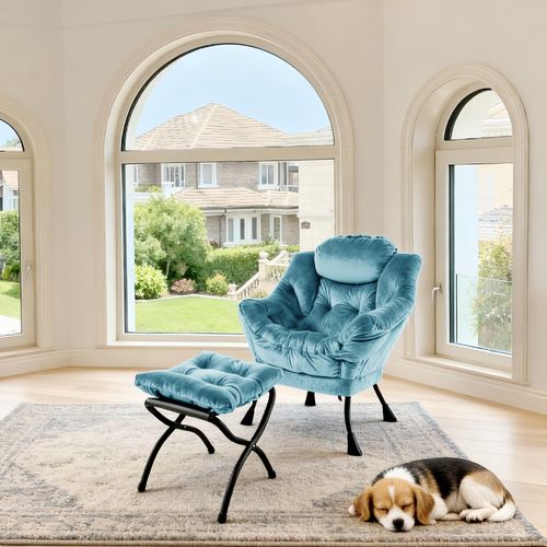 Fauteuil Relax Bleu Avec Repose-pieds Pliable, Coussin Ergonomique Et Structure Métal