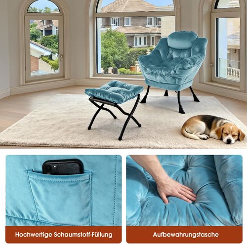 Fauteuil Relax Bleu Avec Repose-pieds Pliable, Coussin Ergonomique Et Structure Métal