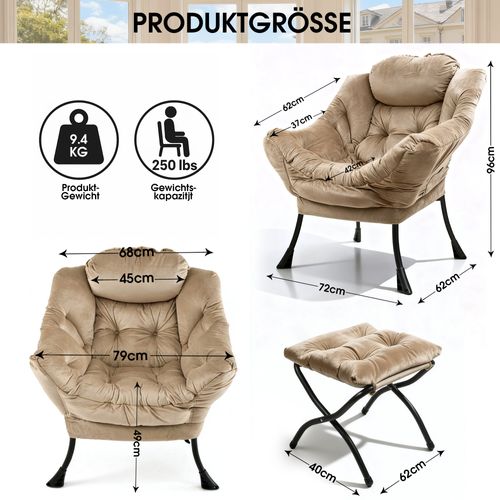 Fauteuil Relax Kaki Avec Repose-pieds Pliable, Coussin Ergonomique Et Structure Métal
