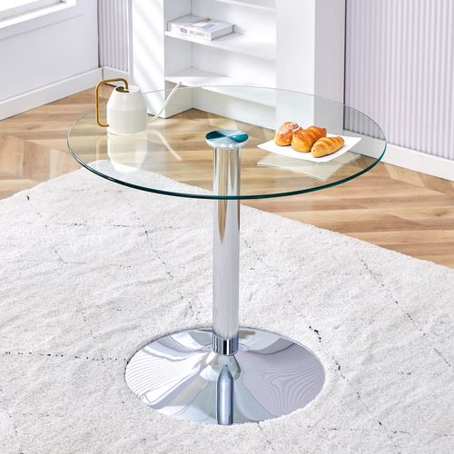 Table Haute, Bout De Canapé Ronde En Verre 85×76 Cm – Table Café Salon, Base Métal Argenté