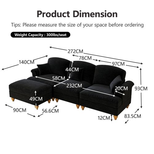 Canapé D'angle 3 Places Modulable Chenille Noir Avec Pouf Mobile Et Jupe Amovible Style Mid-century