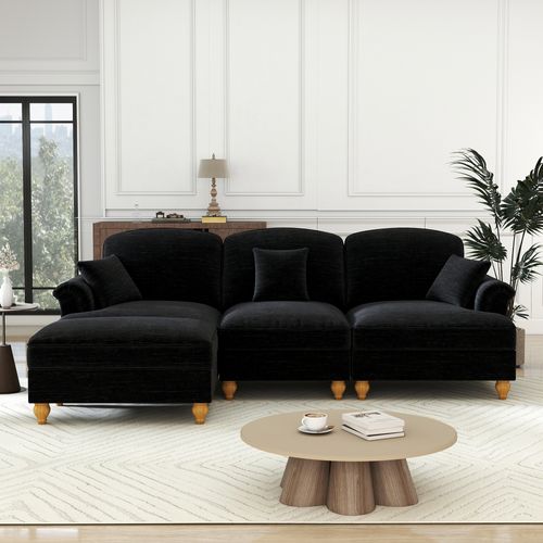 Canapé D'angle 3 Places Modulable Chenille Noir Avec Pouf Mobile Et Jupe Amovible Style Mid-century