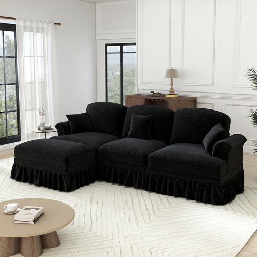 Canapé D'angle 3 Places Modulable Chenille Noir Avec Pouf Mobile Et Jupe Amovible Style Mid-century