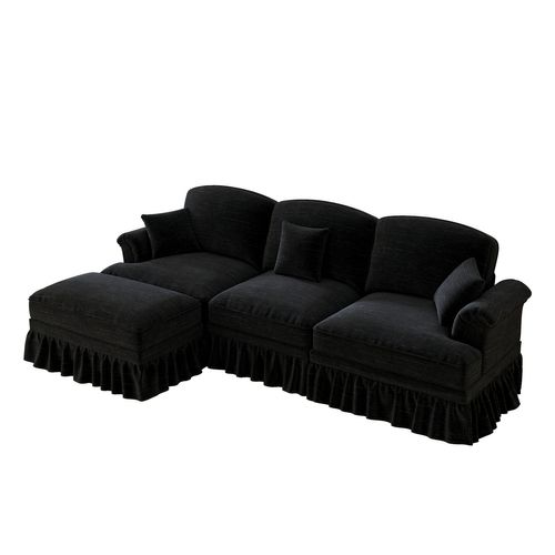 Canapé D'angle 3 Places Modulable Chenille Noir Avec Pouf Mobile Et Jupe Amovible Style Mid-century