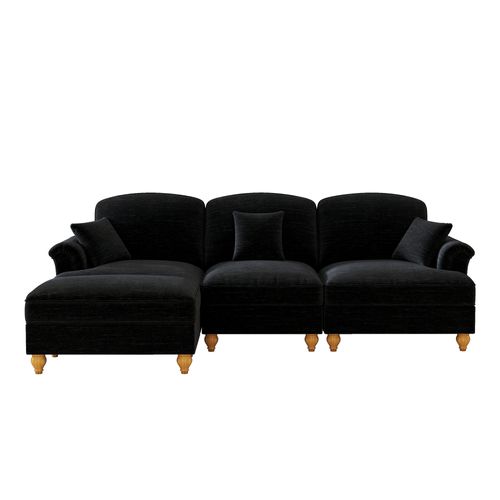 Canapé D'angle 3 Places Modulable Chenille Noir Avec Pouf Mobile Et Jupe Amovible Style Mid-century
